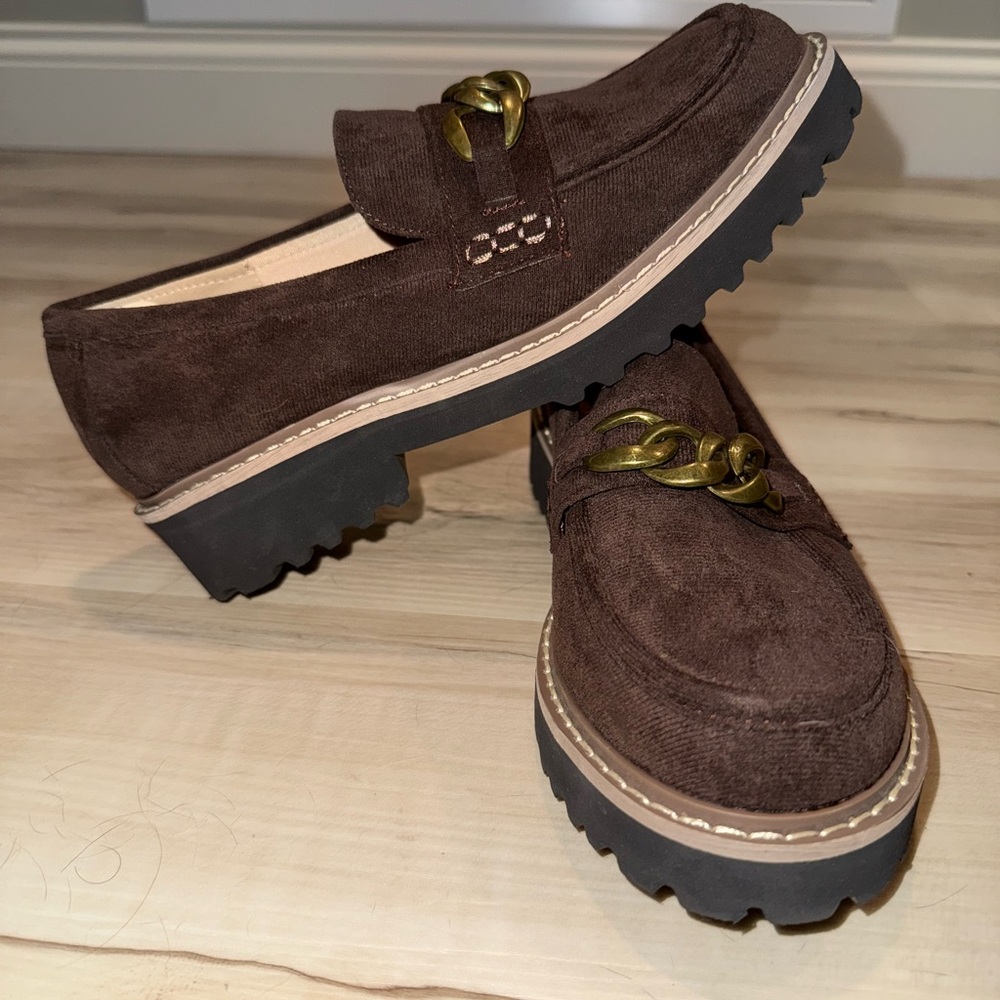 Hey Girl Brown Suede Loafers with Gold Chain Detail